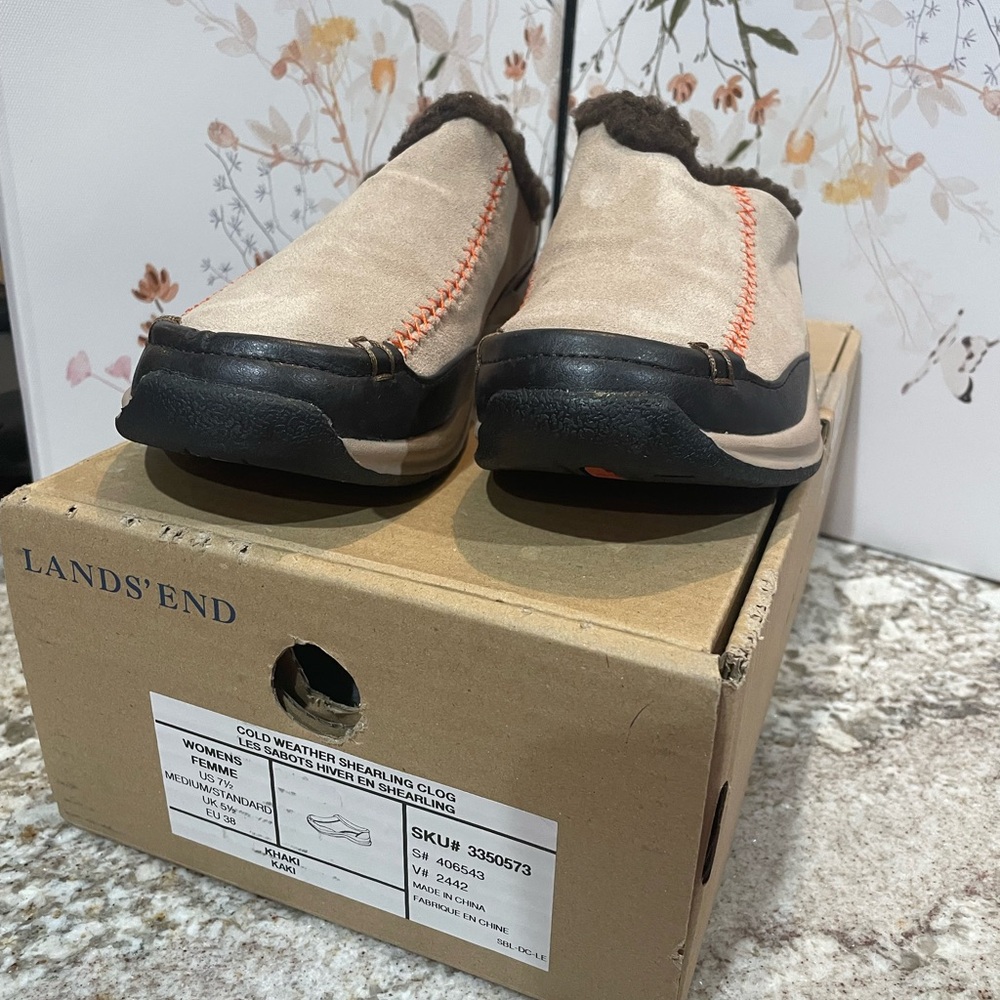 Brand New Women’s Size 7.5 M Lands’ End Cold Weather Shearling Slip On Clog Khak